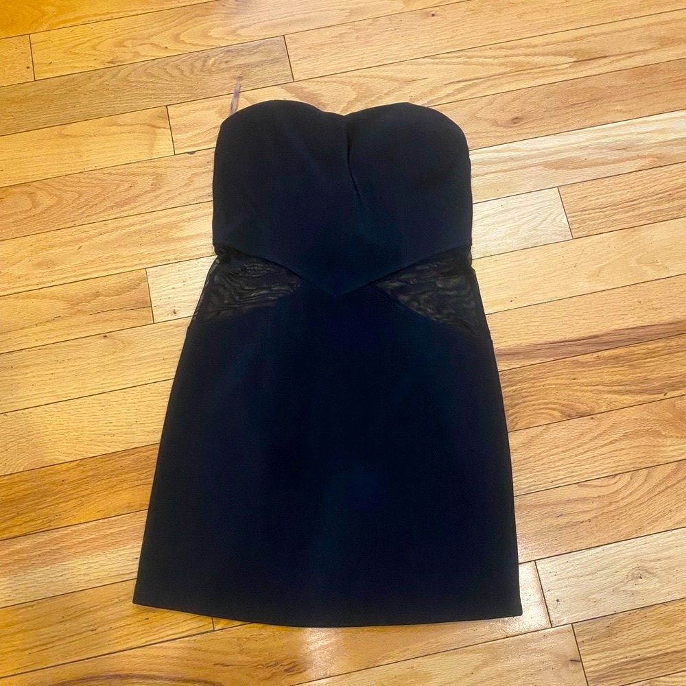 Modcloth little black strapless dress with mesh cutout — size Medium